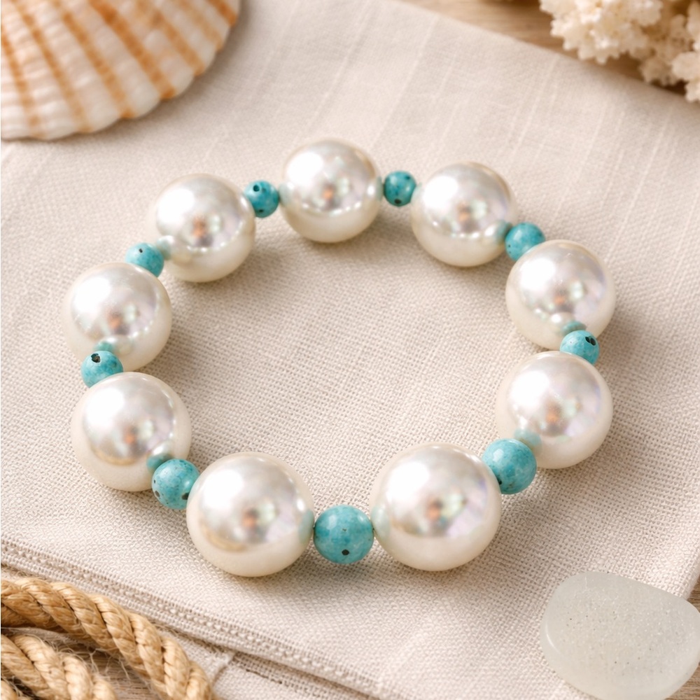 Chunky Glass Pearl Bracelet • Turquoise-Colored Stone • Stretch 7”